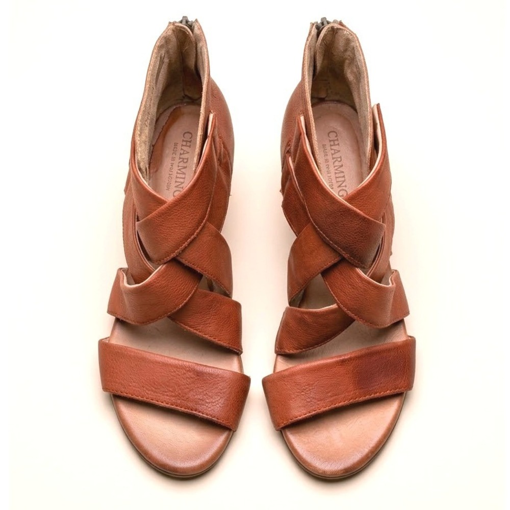 Miz Mooz Charming Cognac Brown Leather Caged Wedge Sandals Womens 8.5